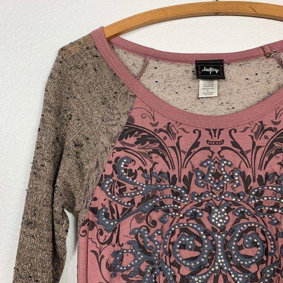 Daytrip Open Weave Raglan Sleeve Rhinestone Lace Inset Tee Shirt Small - Picture 3 of 7